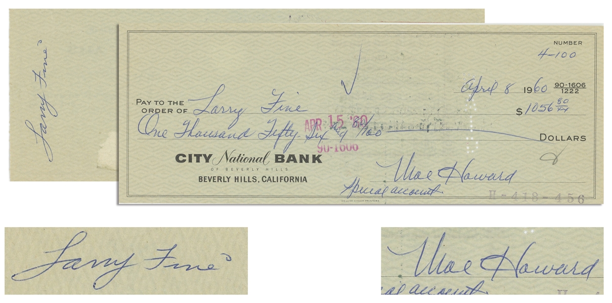 Moe Howard Check Signed to Larry Fine & Endorsed by Larry on Verso, Dated 8 April 1960 -- 8.25'' x 3'' -- Very Good